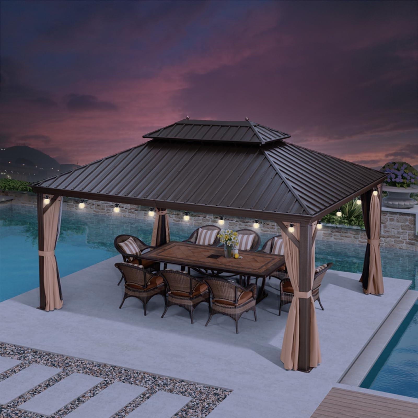 Outdoor Hardtop Gazebo for Garden Bronze Double Roof Aluminum Frame Pavilion with String Lights-milky - Image 24