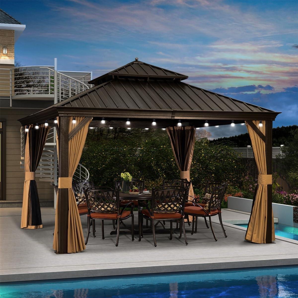 Outdoor Hardtop Gazebo for Garden Bronze Double Roof Aluminum Frame Pavilion with String Lights-clear - Image 38