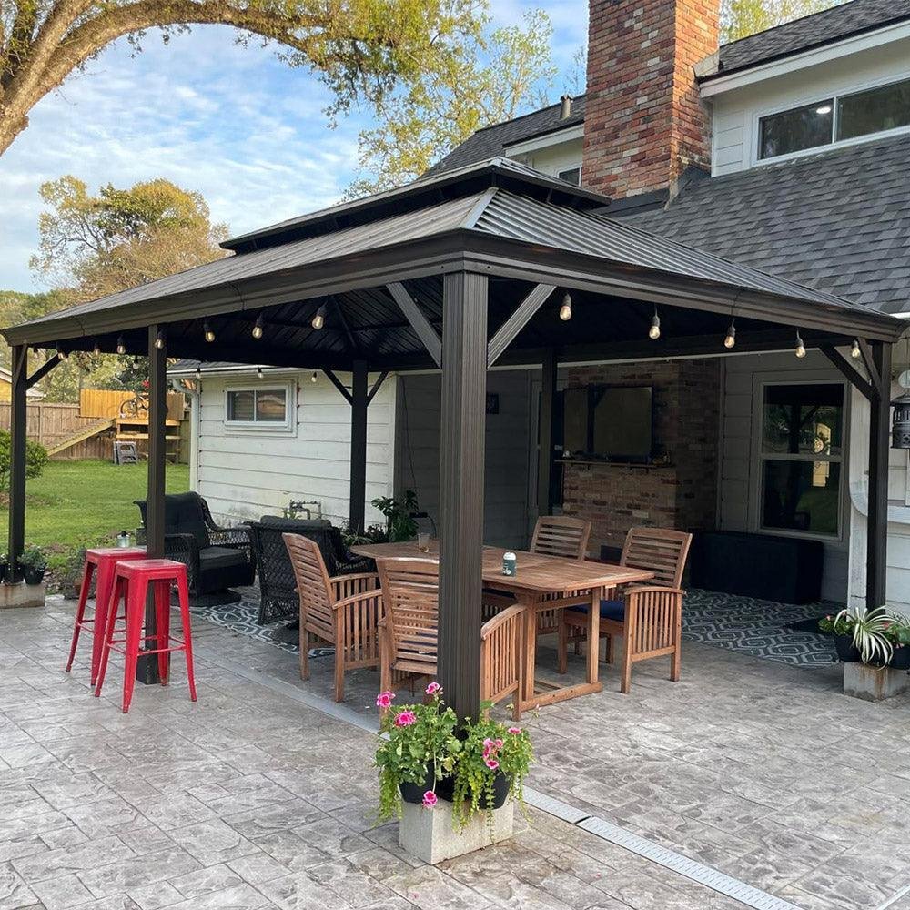 Outdoor Hardtop Gazebo for Garden Bronze Double Roof Aluminum Frame Pavilion with String Lights-milky - Image 34