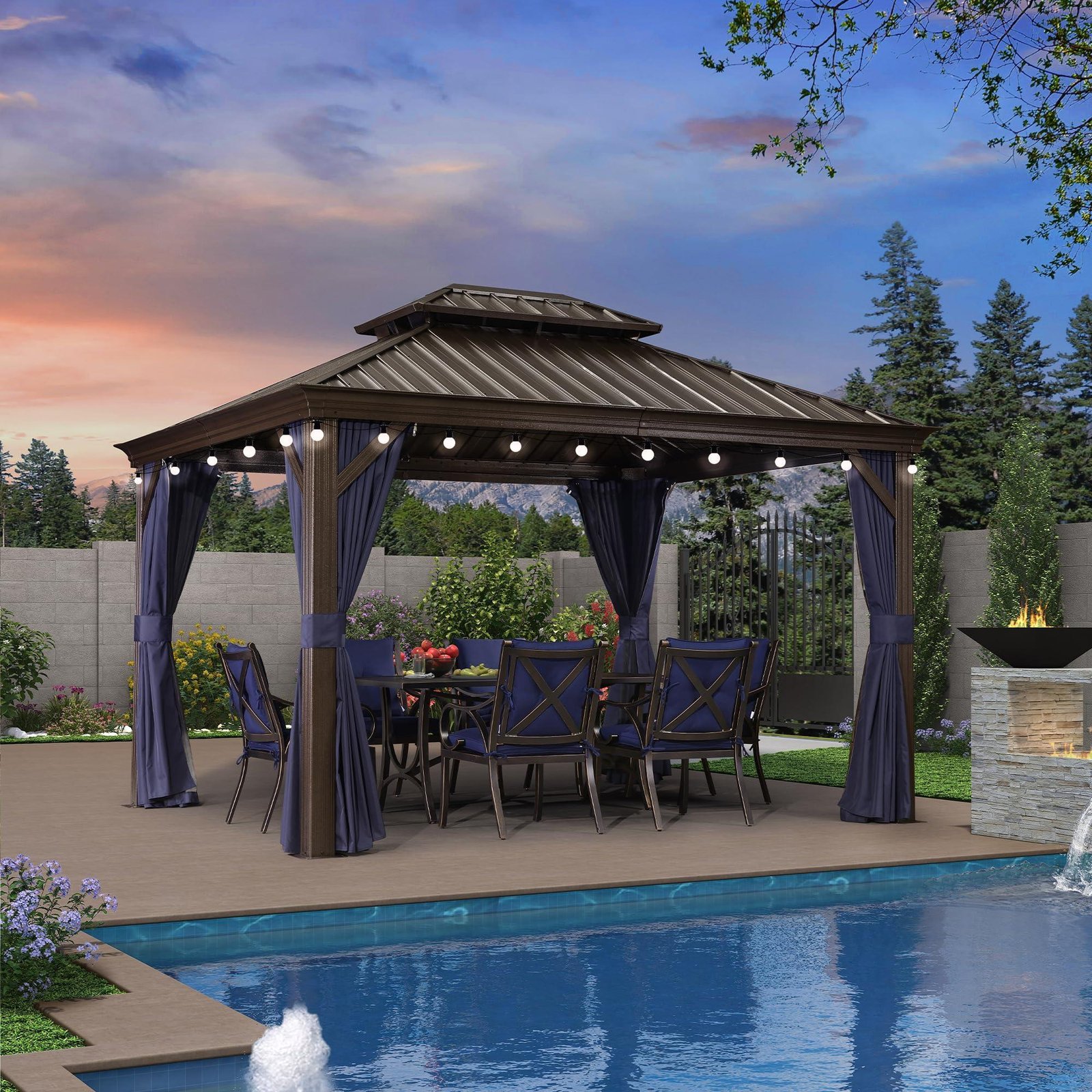 Outdoor Hardtop Gazebo for Patio Bronze Aluminum Frame Pavilion with Navy-Blue Curtain and String Lights-milky - Image 13