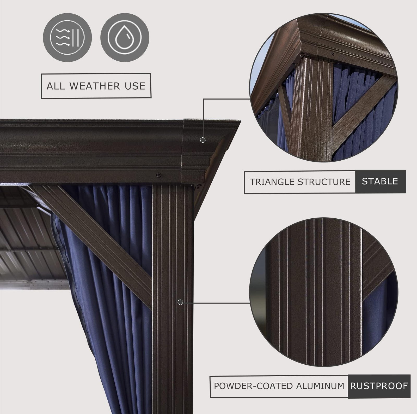 Outdoor Hardtop Gazebo for Patio Bronze Aluminum Frame Pavilion with Navy-Blue Curtain and String Lights-clear - Image 29