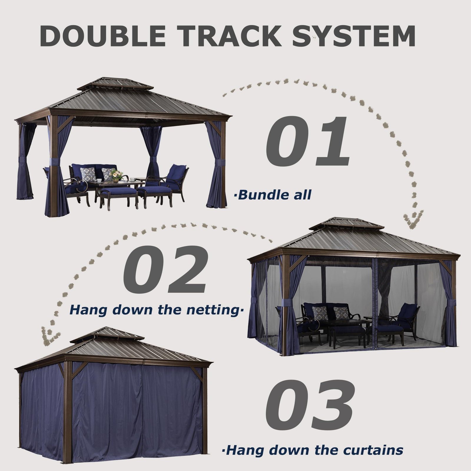 Outdoor Hardtop Gazebo for Patio Bronze Aluminum Frame Pavilion with Navy-Blue Curtain and String Lights-milky - Image 30