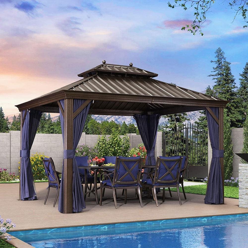 Outdoor Hardtop Gazebo for Patio Bronze Aluminum Frame Pavilion with Navy-Blue Curtain - Image 4