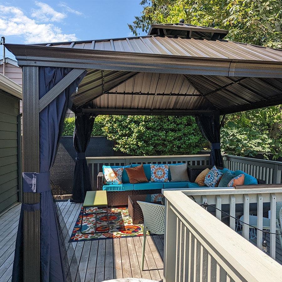 Outdoor Hardtop Gazebo for Patio Bronze Aluminum Frame Pavilion with Navy-Blue Curtain - Image 58