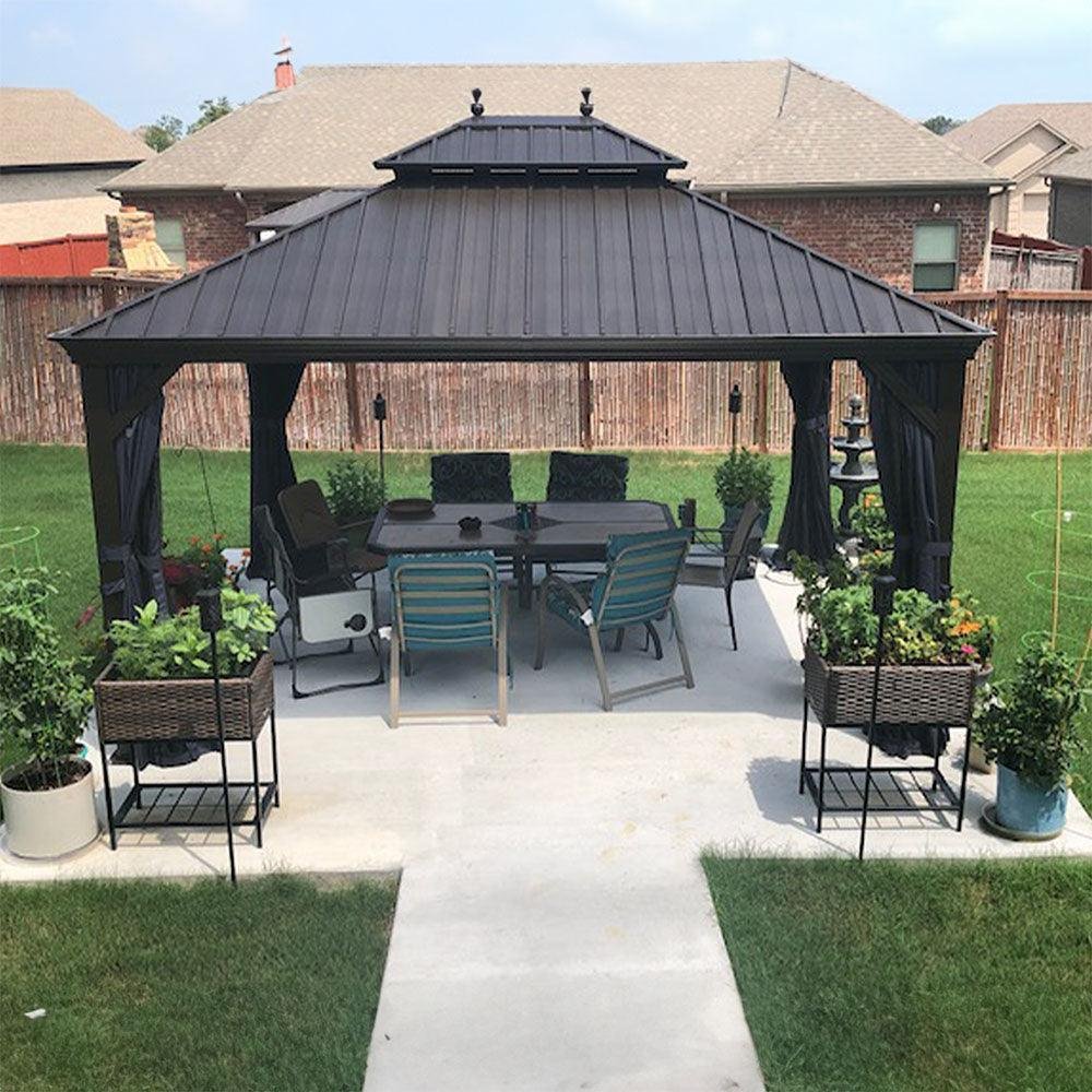 Outdoor Hardtop Gazebo for Patio Bronze Aluminum Frame Pavilion with Navy-Blue Curtain - Image 59
