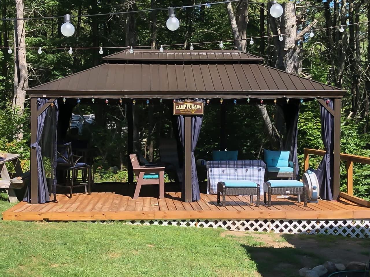 Outdoor Hardtop Gazebo for Patio Bronze Aluminum Frame Pavilion with Navy-Blue Curtain - Image 8
