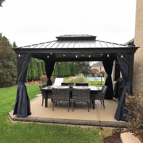 Outdoor Hardtop Gazebo for Patio Bronze Aluminum Frame Pavilion with Navy-Blue Curtain - Image 62
