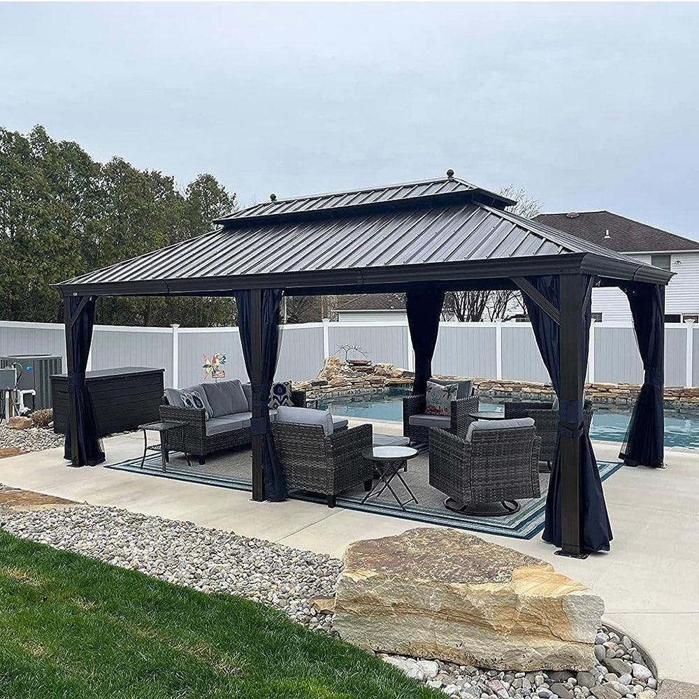 Outdoor Hardtop Gazebo for Patio Bronze Aluminum Frame Pavilion with Navy-Blue Curtain - Image 64
