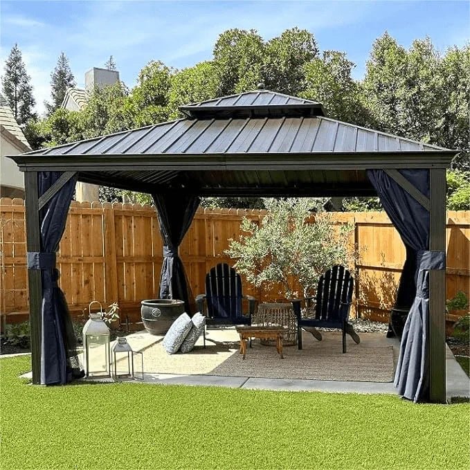 Outdoor Hardtop Gazebo for Patio Bronze Aluminum Frame Pavilion with Navy-Blue Curtain - Image 65