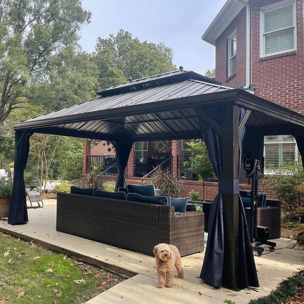 Outdoor Hardtop Gazebo for Patio Bronze Aluminum Frame Pavilion with Navy-Blue Curtain - Image 67