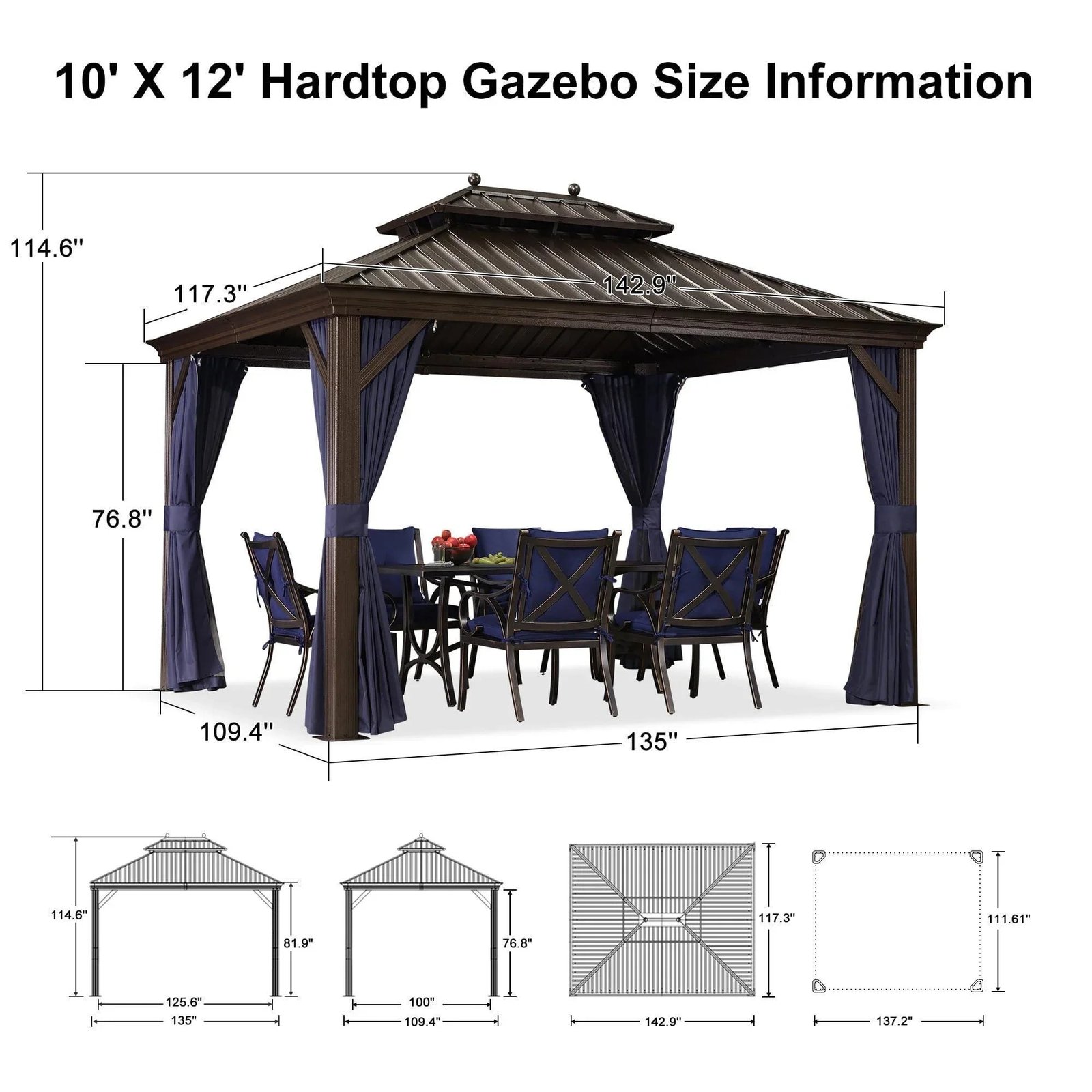 Outdoor Hardtop Gazebo for Patio Bronze Aluminum Frame Pavilion with Navy-Blue Curtain - Image 72