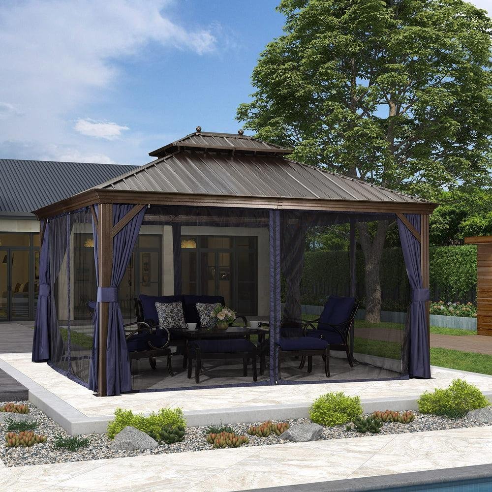 Outdoor Hardtop Gazebo for Patio Bronze Aluminum Frame Pavilion with Navy-Blue Curtain - Image 9