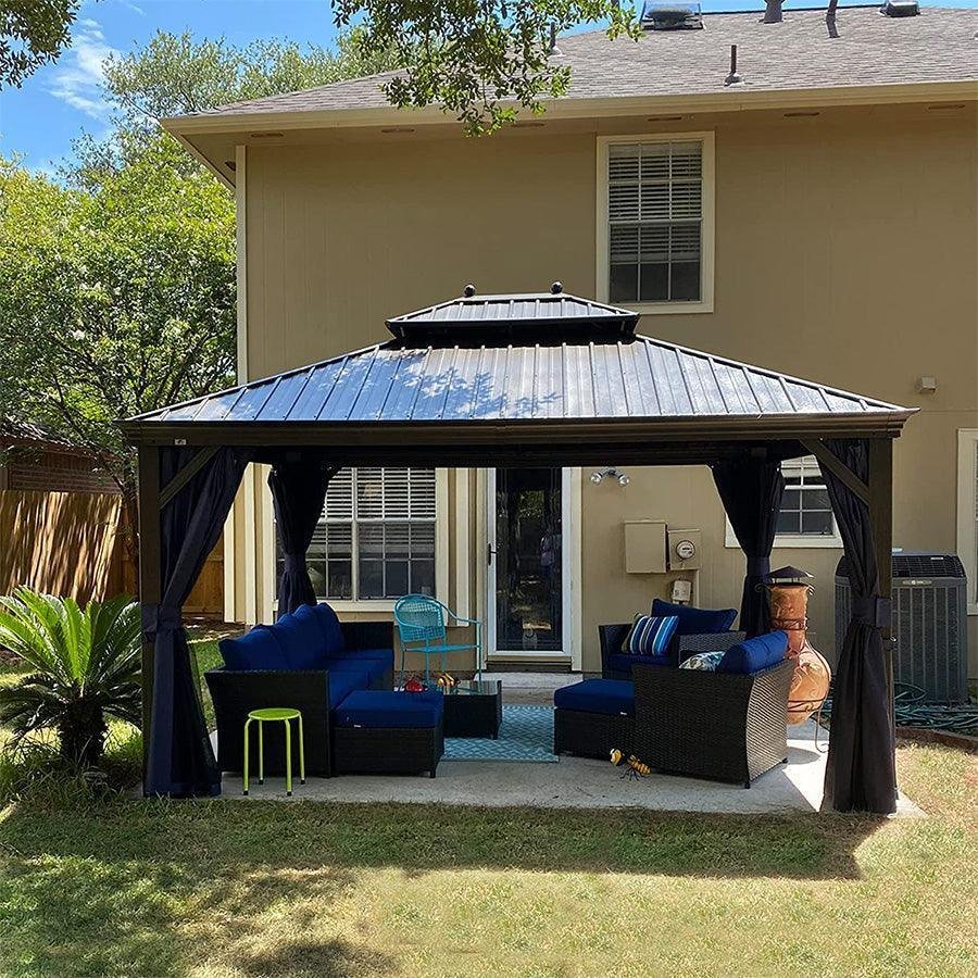 Outdoor Hardtop Gazebo for Patio Bronze Aluminum Frame Pavilion with Navy-Blue Curtain - Image 23