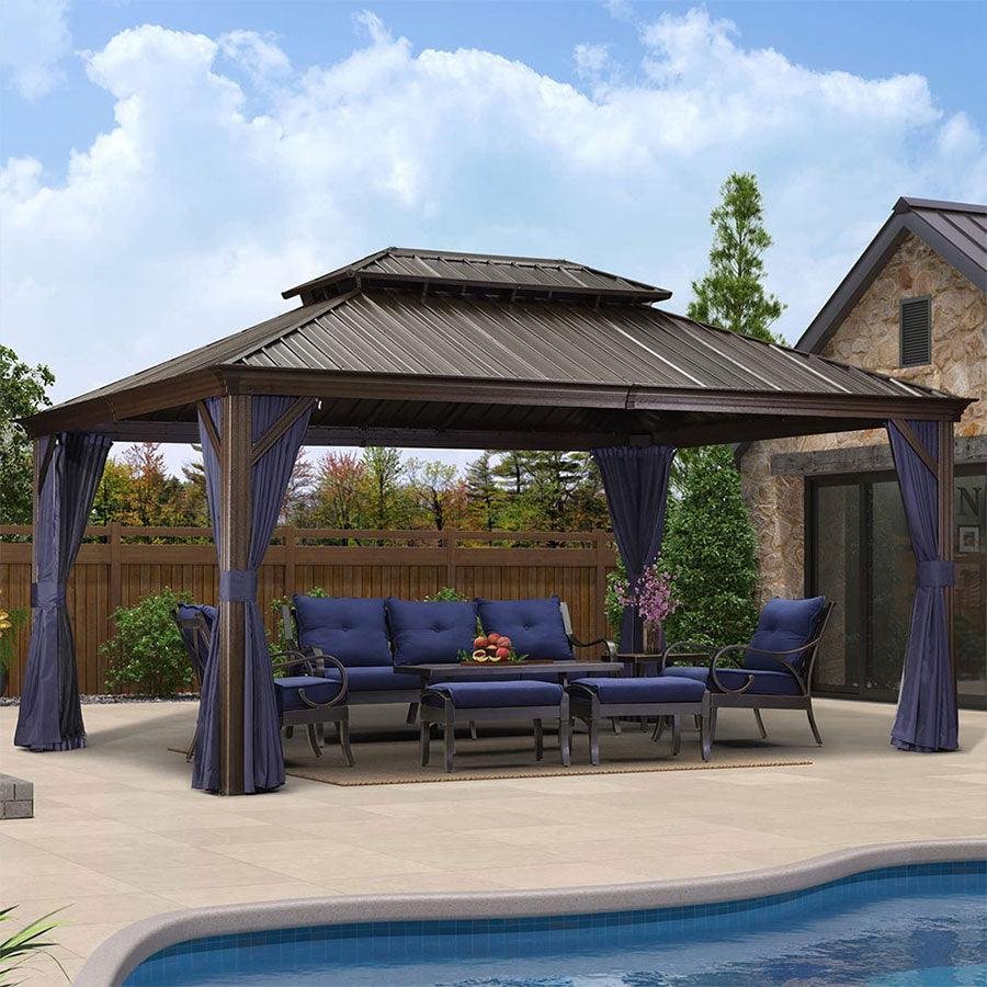 Outdoor Hardtop Gazebo for Patio Bronze Aluminum Frame Pavilion with Navy-Blue Curtain - Image 25