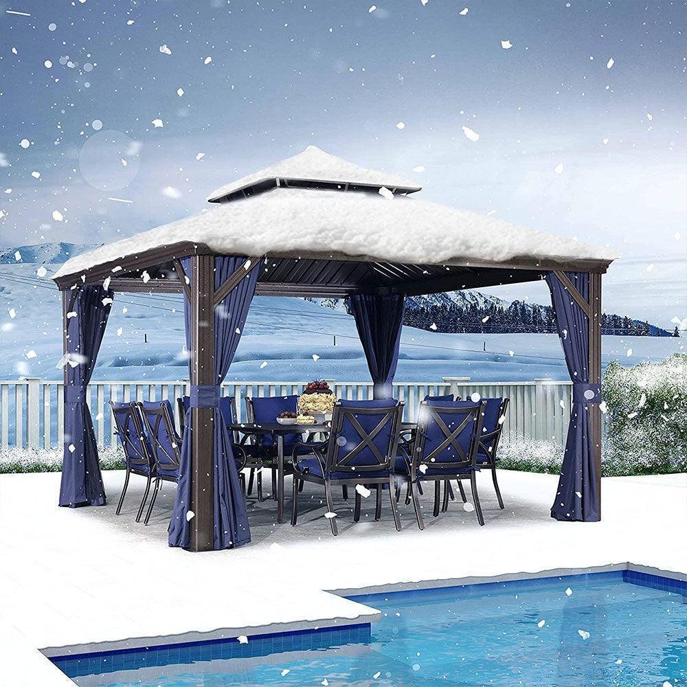 Outdoor Hardtop Gazebo for Patio Bronze Aluminum Frame Pavilion with Navy-Blue Curtain - Image 15
