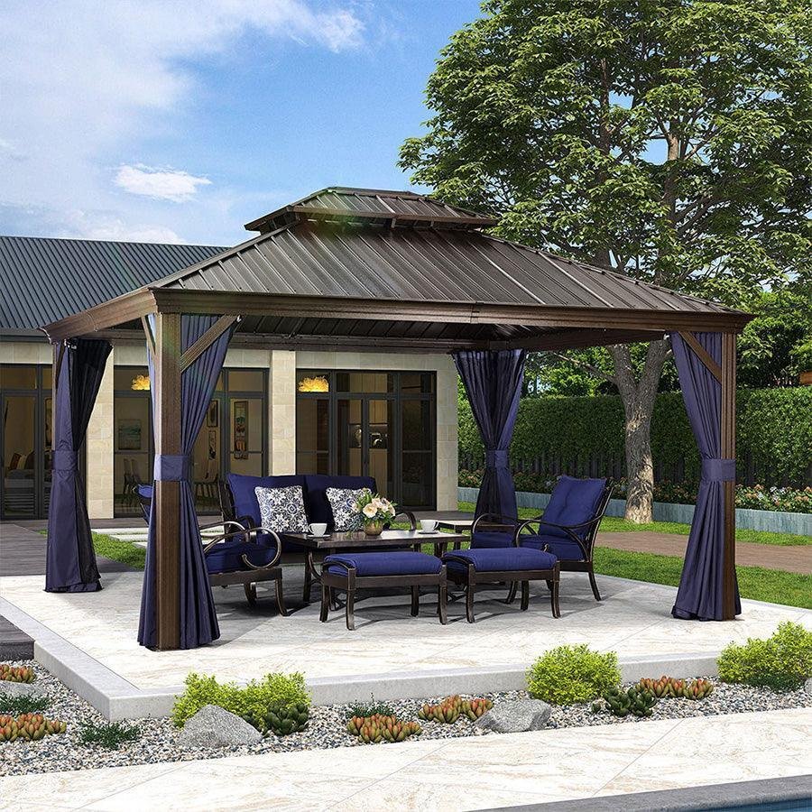 Outdoor Hardtop Gazebo for Patio Bronze Aluminum Frame Pavilion with Navy-Blue Curtain - Image 26