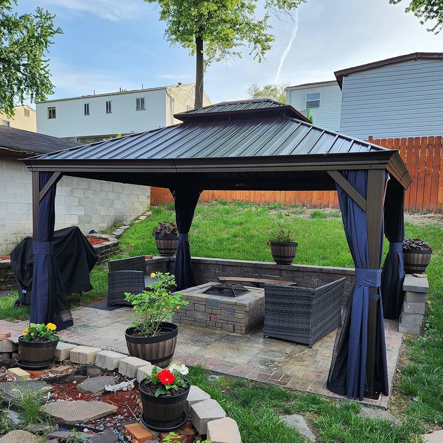 Outdoor Hardtop Gazebo for Patio Bronze Aluminum Frame Pavilion with Navy-Blue Curtain - Image 28