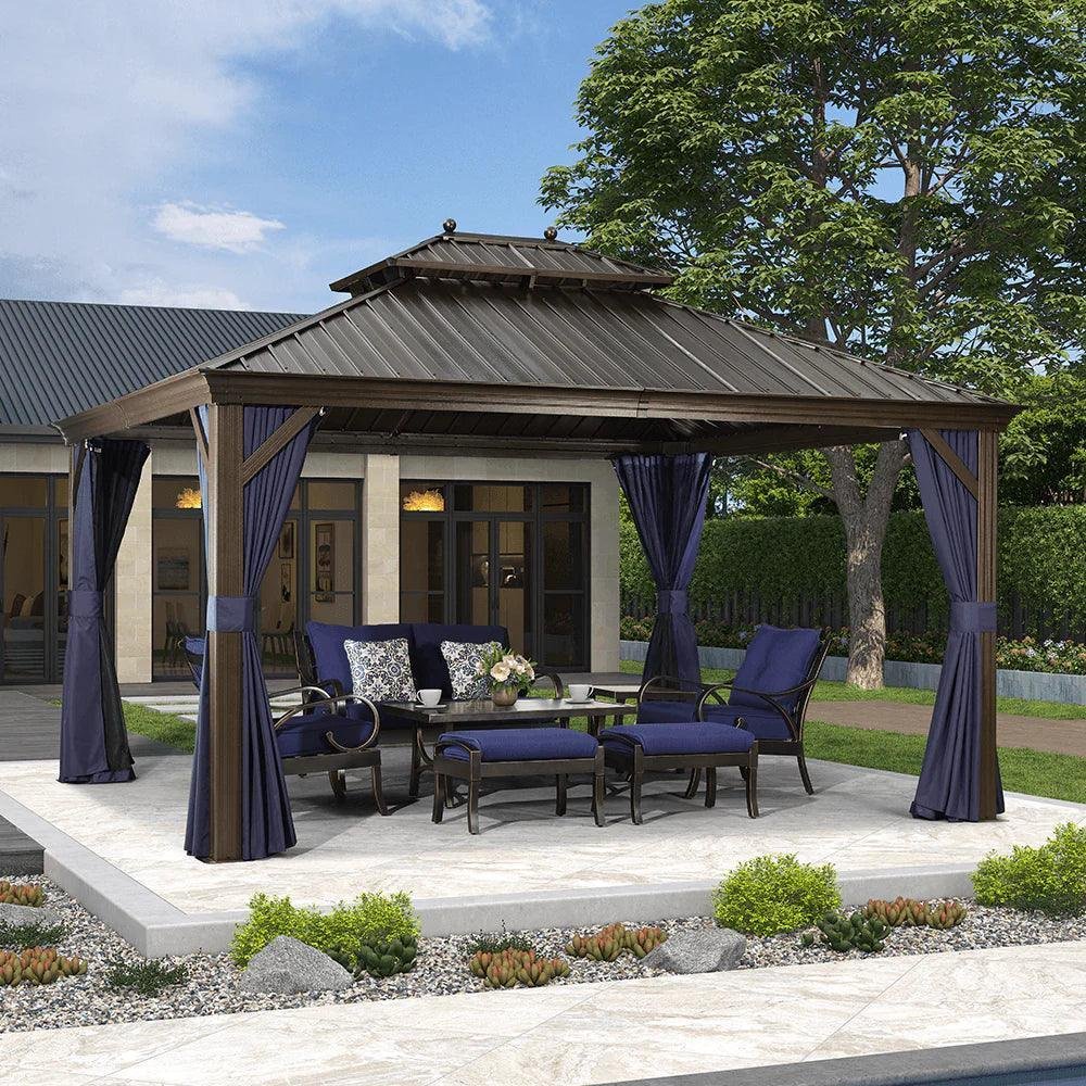 Outdoor Hardtop Gazebo for Patio Bronze Aluminum Frame Pavilion with Navy-Blue Curtain - Image 46