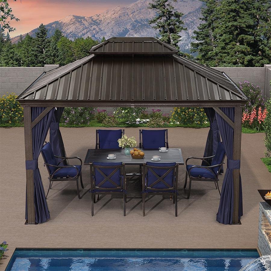 Outdoor Hardtop Gazebo for Patio Bronze Aluminum Frame Pavilion with Navy-Blue Curtain - Image 34