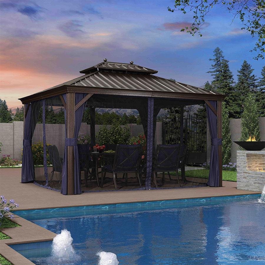 Outdoor Hardtop Gazebo for Patio Bronze Aluminum Frame Pavilion with Navy-Blue Curtain - Image 36