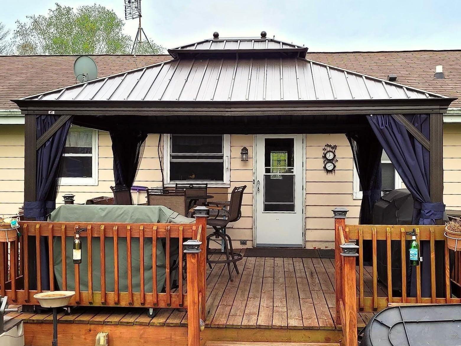 Outdoor Hardtop Gazebo for Patio Bronze Aluminum Frame Pavilion with Navy-Blue Curtain - Image 38
