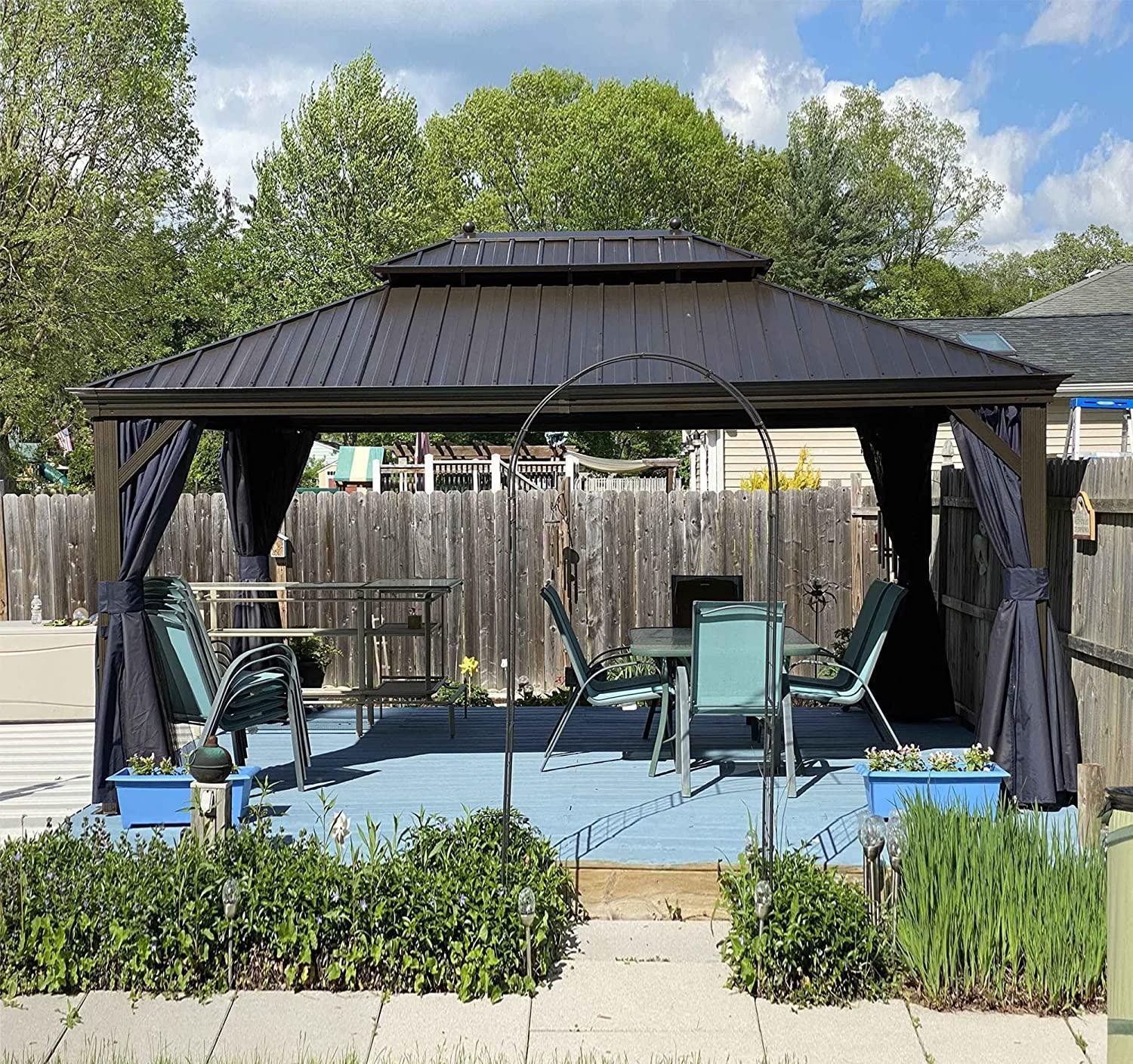 Outdoor Hardtop Gazebo for Patio Bronze Aluminum Frame Pavilion with Navy-Blue Curtain - Image 6