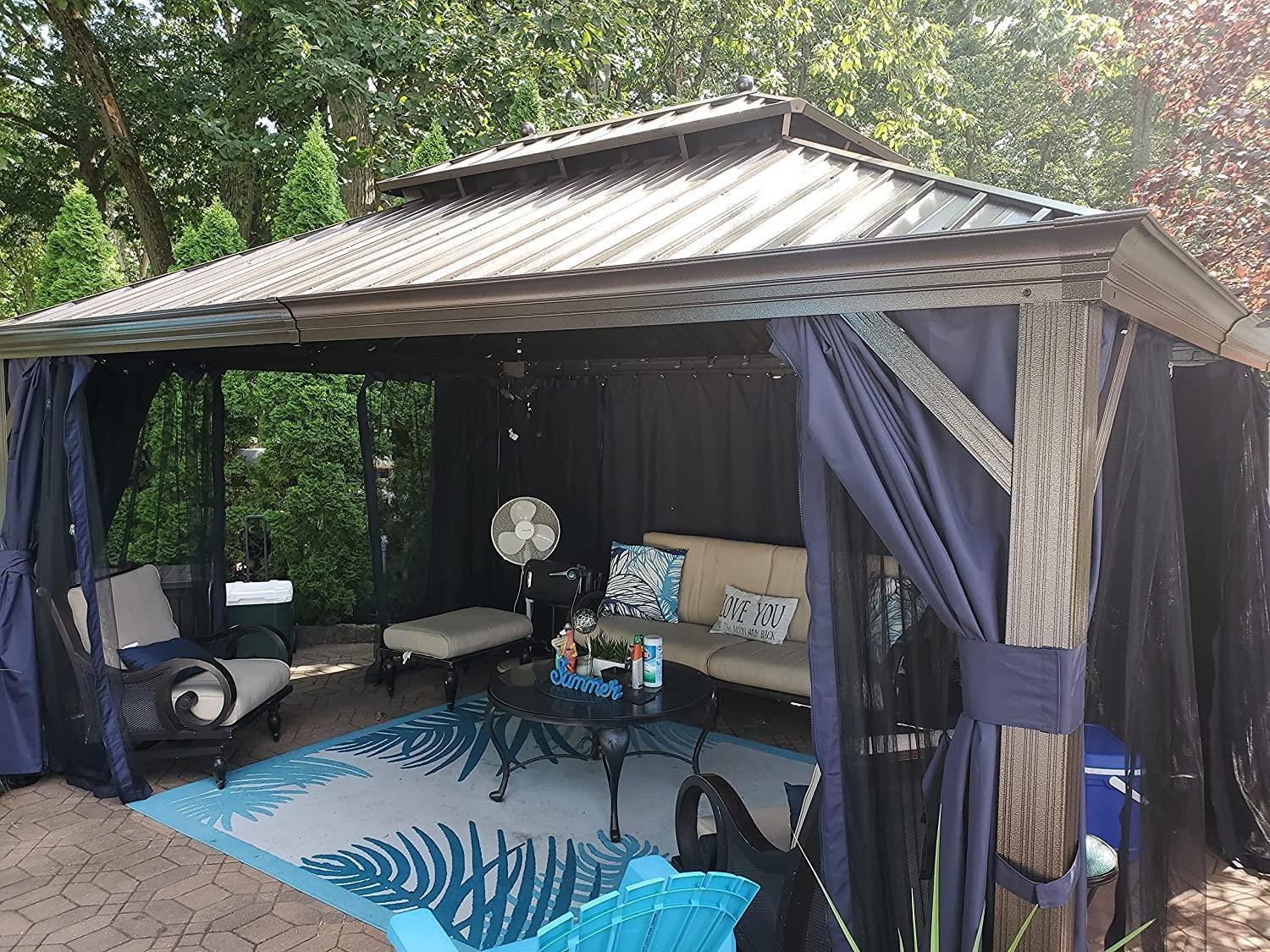 Outdoor Hardtop Gazebo for Patio Bronze Aluminum Frame Pavilion with Navy-Blue Curtain - Image 7
