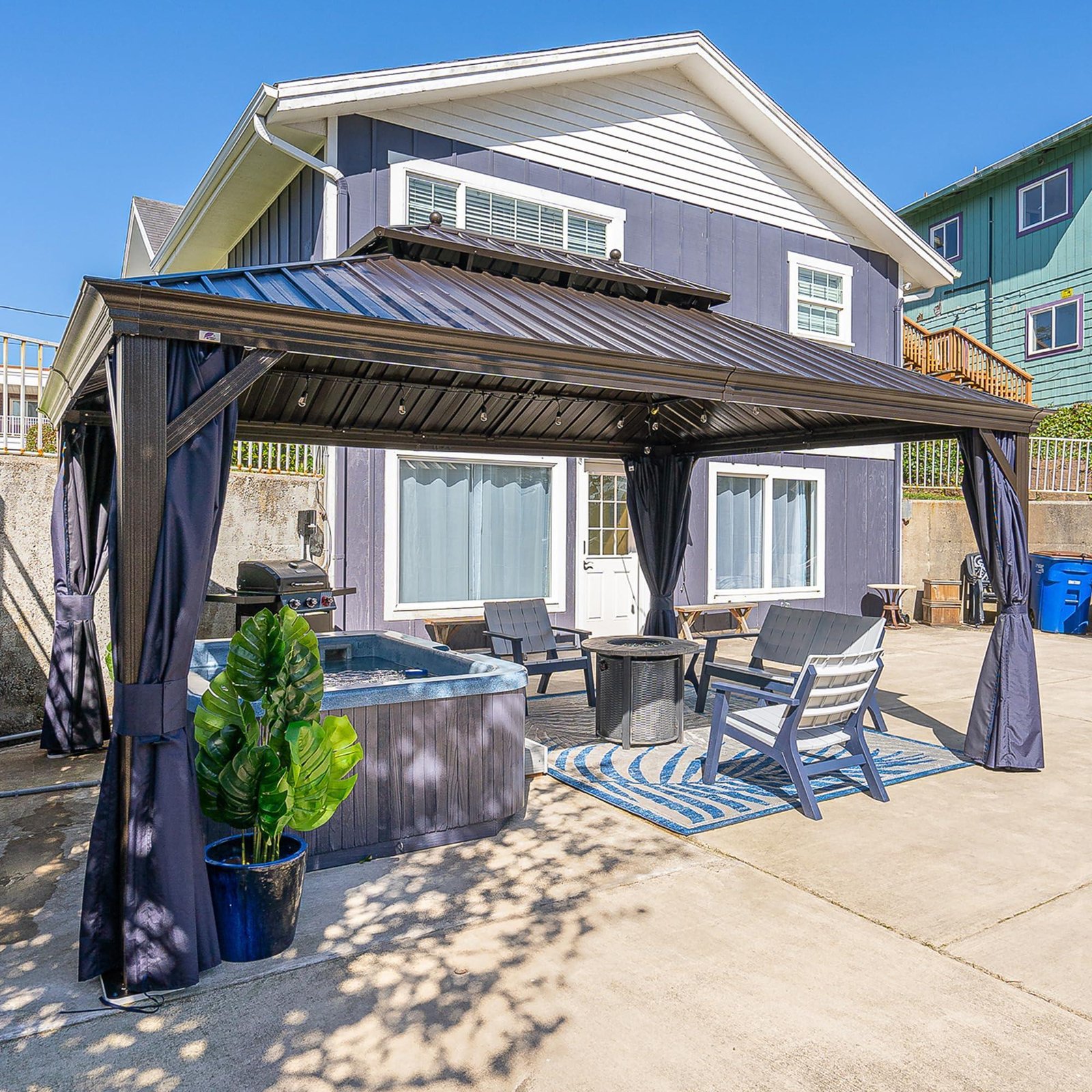 Outdoor Hardtop Gazebo for Patio Bronze Aluminum Frame Pavilion with Navy-Blue Curtain - Image 51