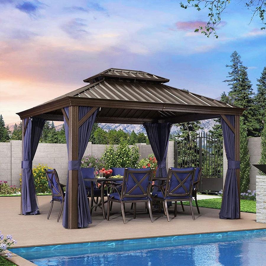 Outdoor Hardtop Gazebo for Patio Bronze Aluminum Frame Pavilion with Navy-Blue Curtain - Image 30