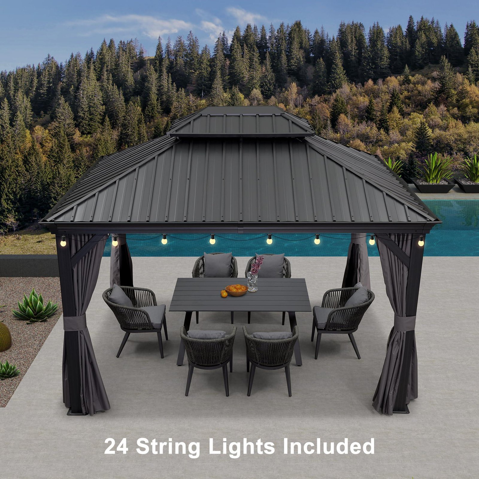 Gazebo for Backyard Grey Hardtop Galvanized Steel Roof Awning with String Lights-clear - Image 52