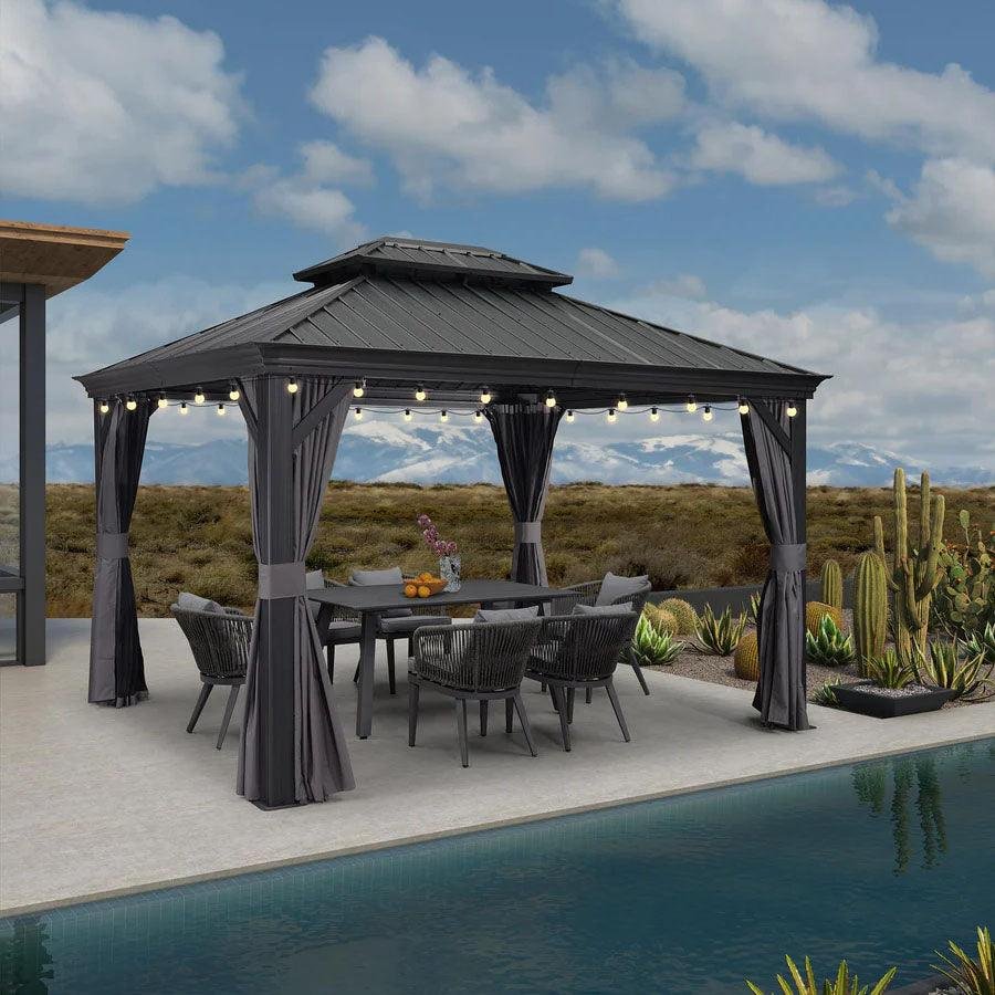 Gazebo for Backyard Grey Hardtop Galvanized Steel Roof Awning with String Lights-clear - Image 56
