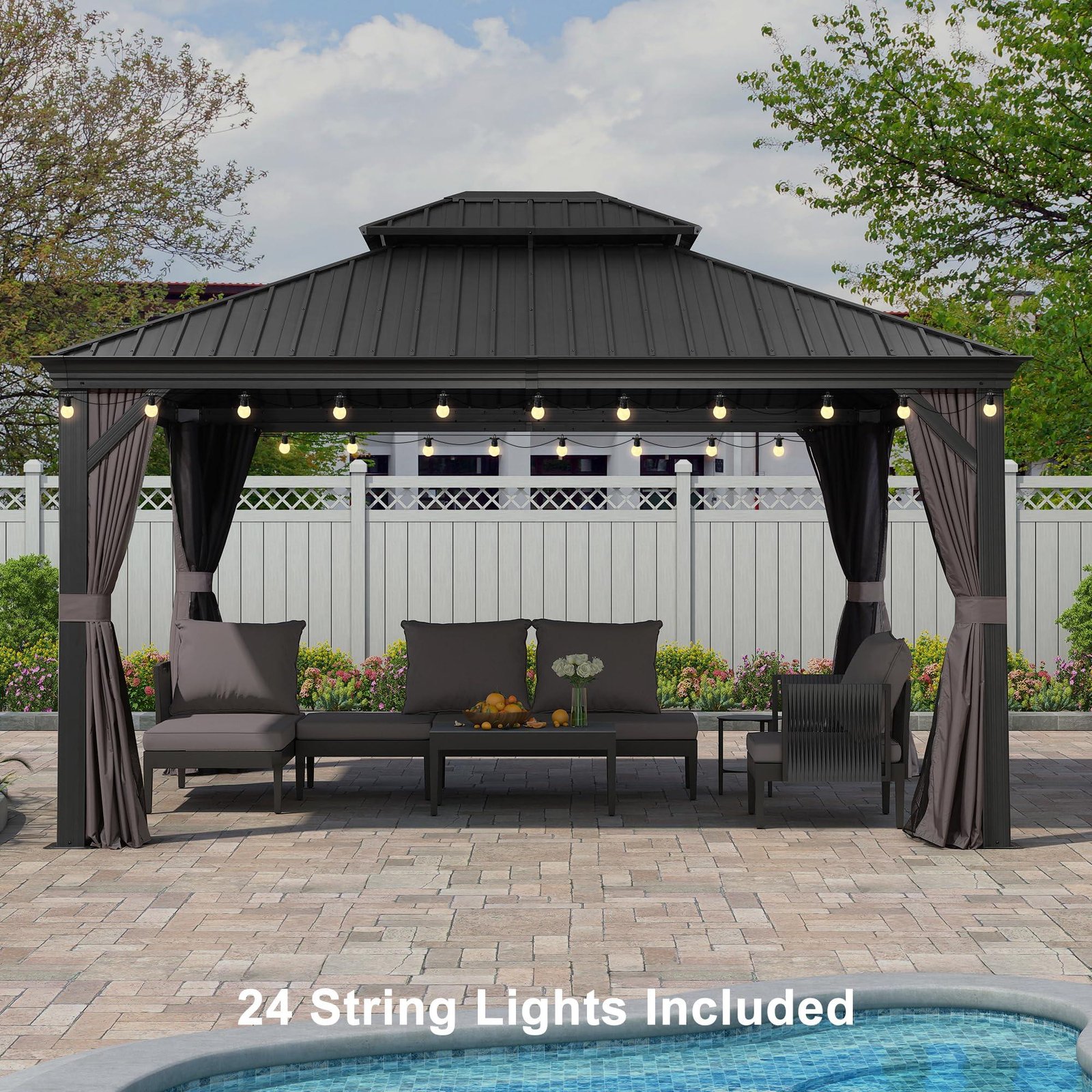 Gazebo for Backyard Grey Hardtop Galvanized Steel Roof Awning with String Lights-clear - Image 7