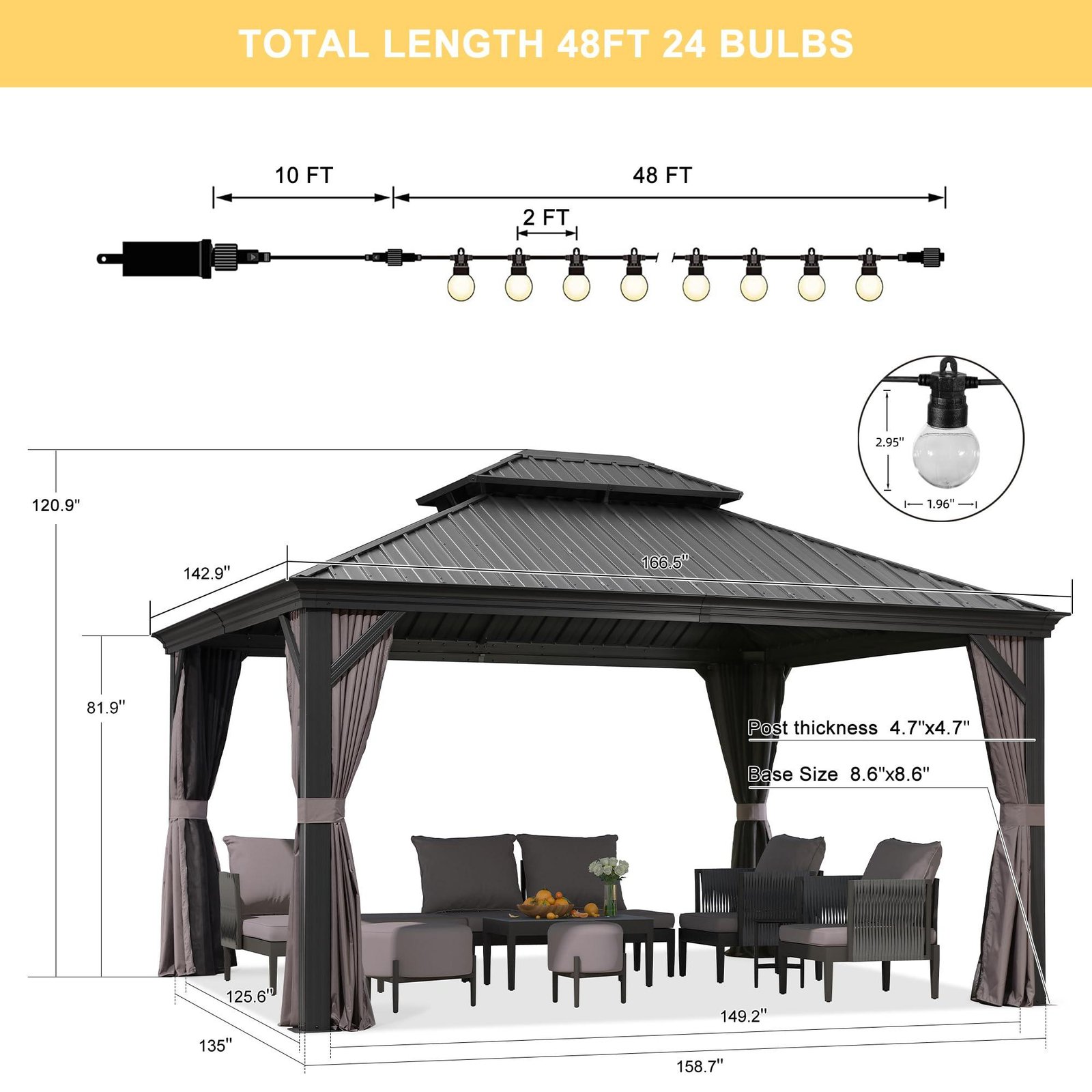 Gazebo for Backyard Grey Hardtop Galvanized Steel Roof Awning with String Lights-clear - Image 8