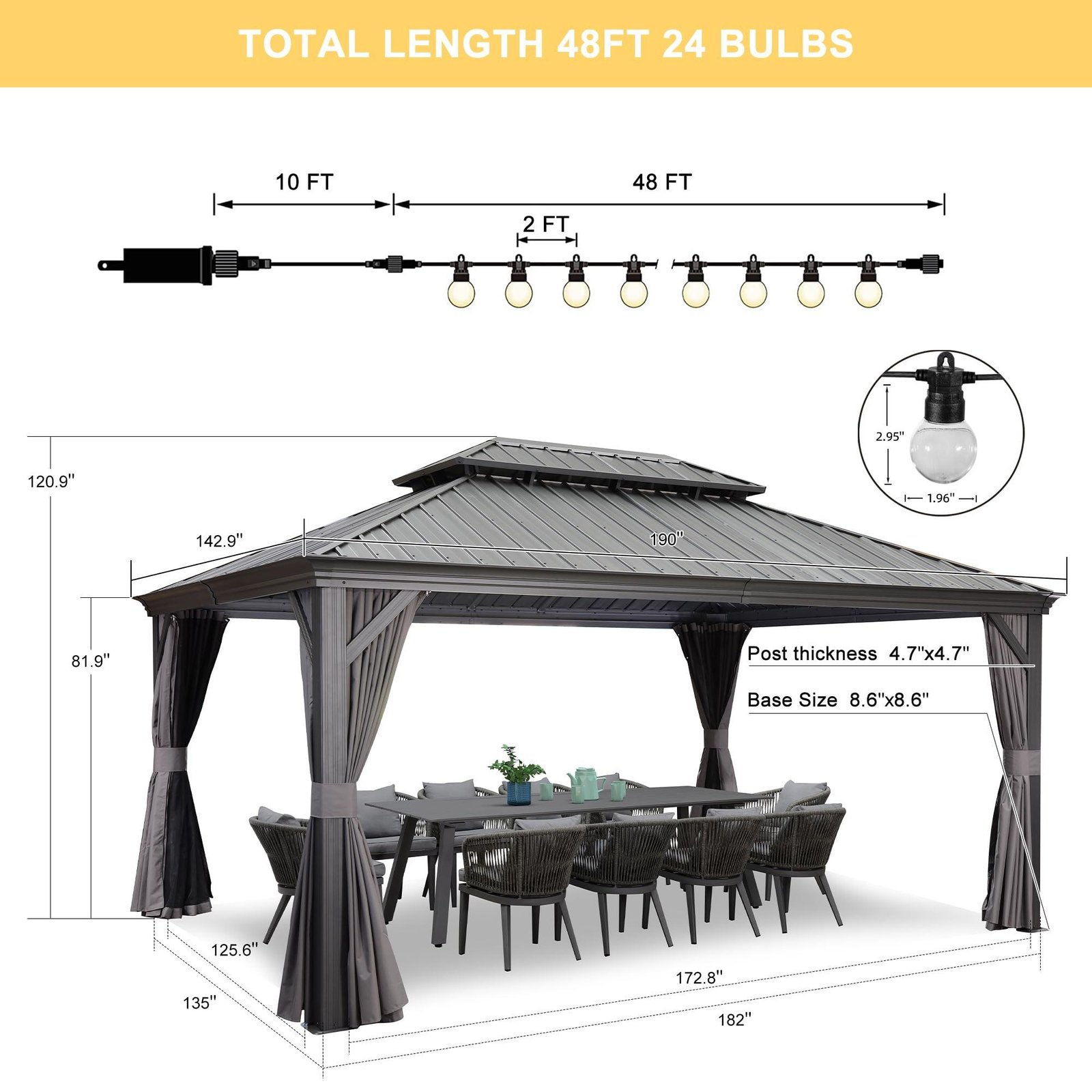 Gazebo for Backyard Grey Hardtop Galvanized Steel Roof Awning with String Lights-clear - Image 12