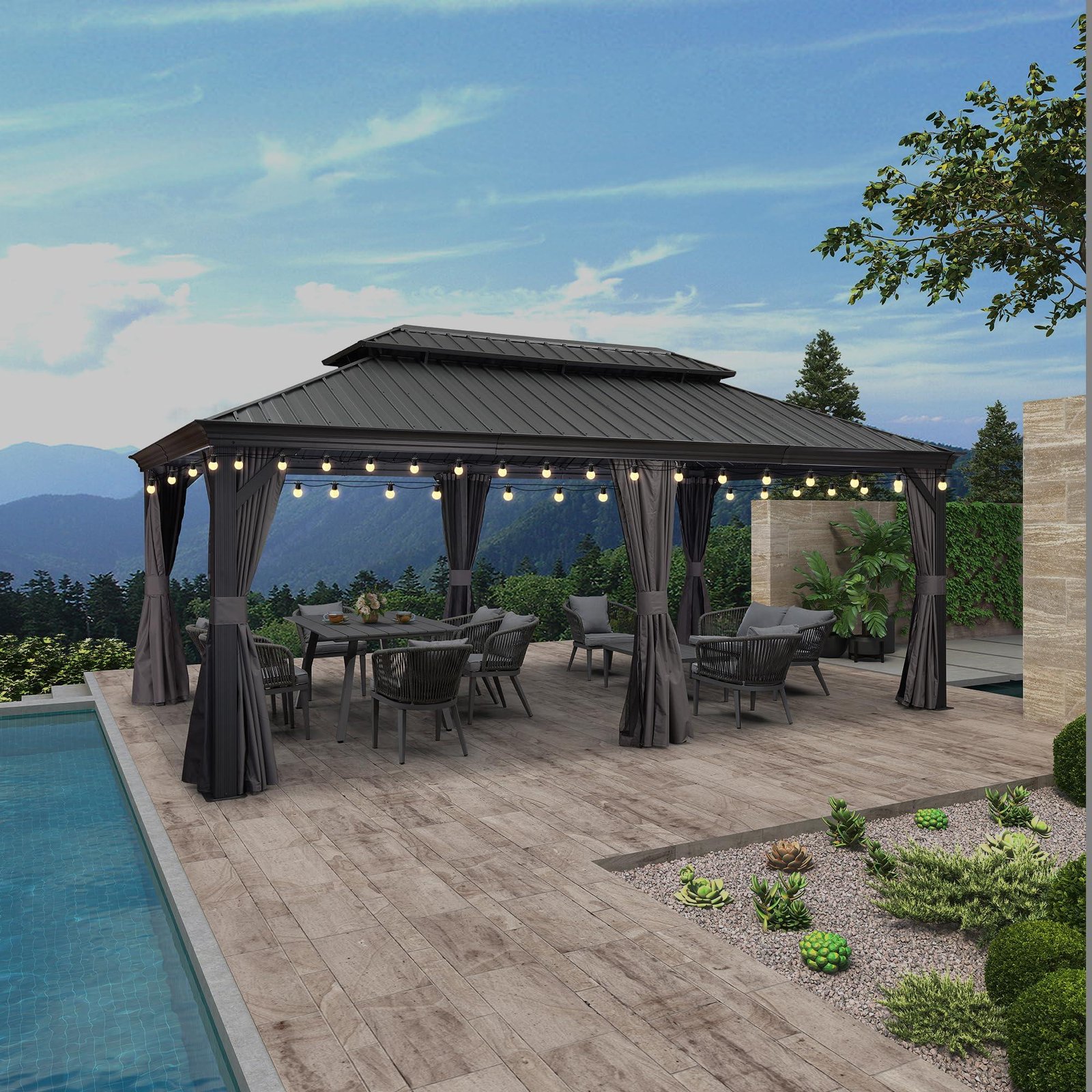 Gazebo for Backyard Grey Hardtop Galvanized Steel Roof Awning with String Lights-clear - Image 14