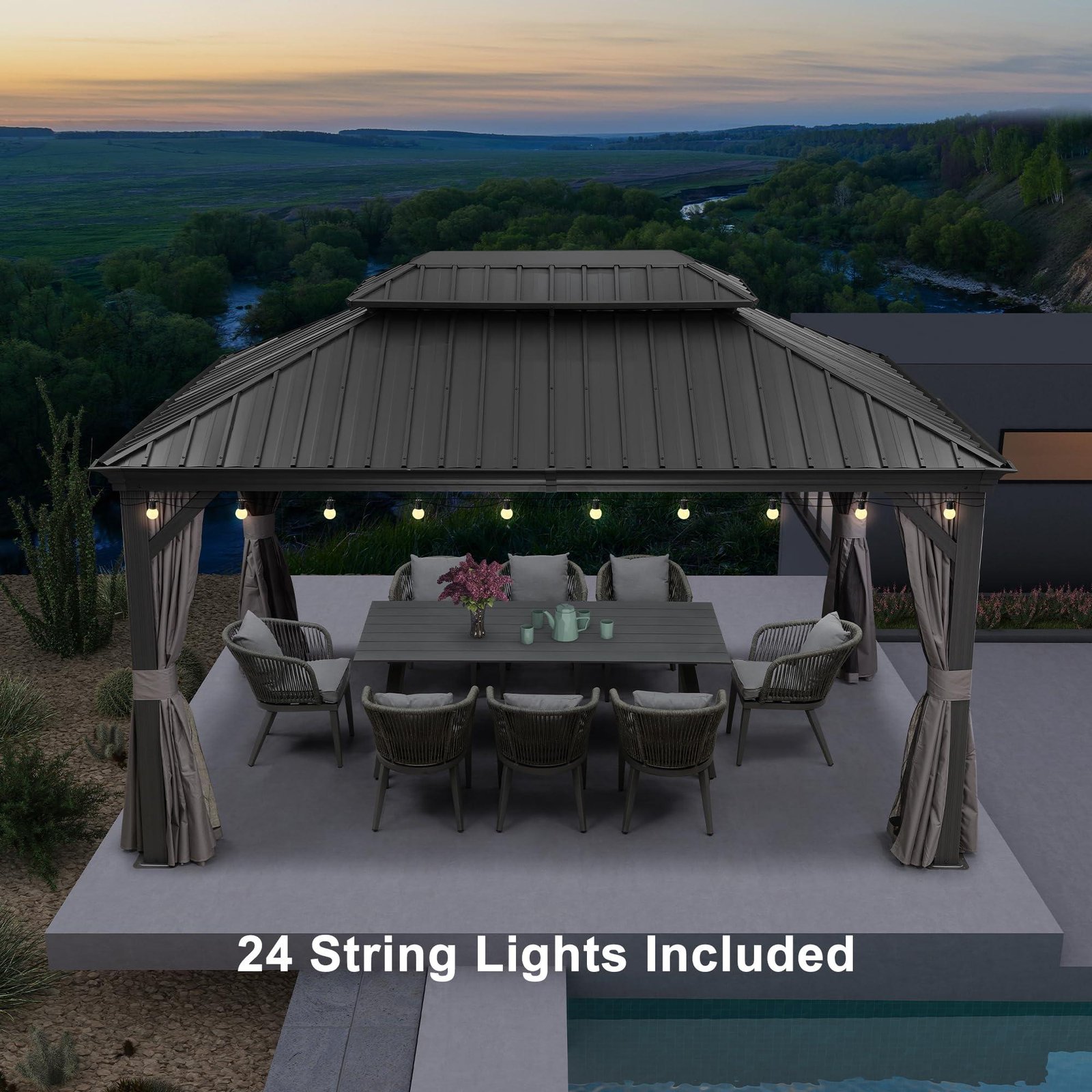 Gazebo for Backyard Grey Hardtop Galvanized Steel Roof Awning with String Lights-clear - Image 3