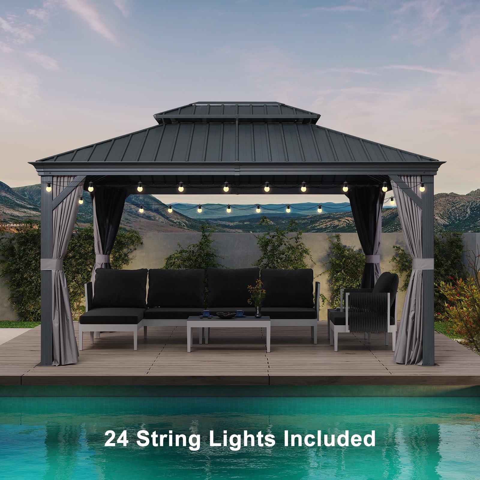 Gazebo for Backyard Grey Hardtop Galvanized Steel Roof Awning with String Lights-clear - Image 20