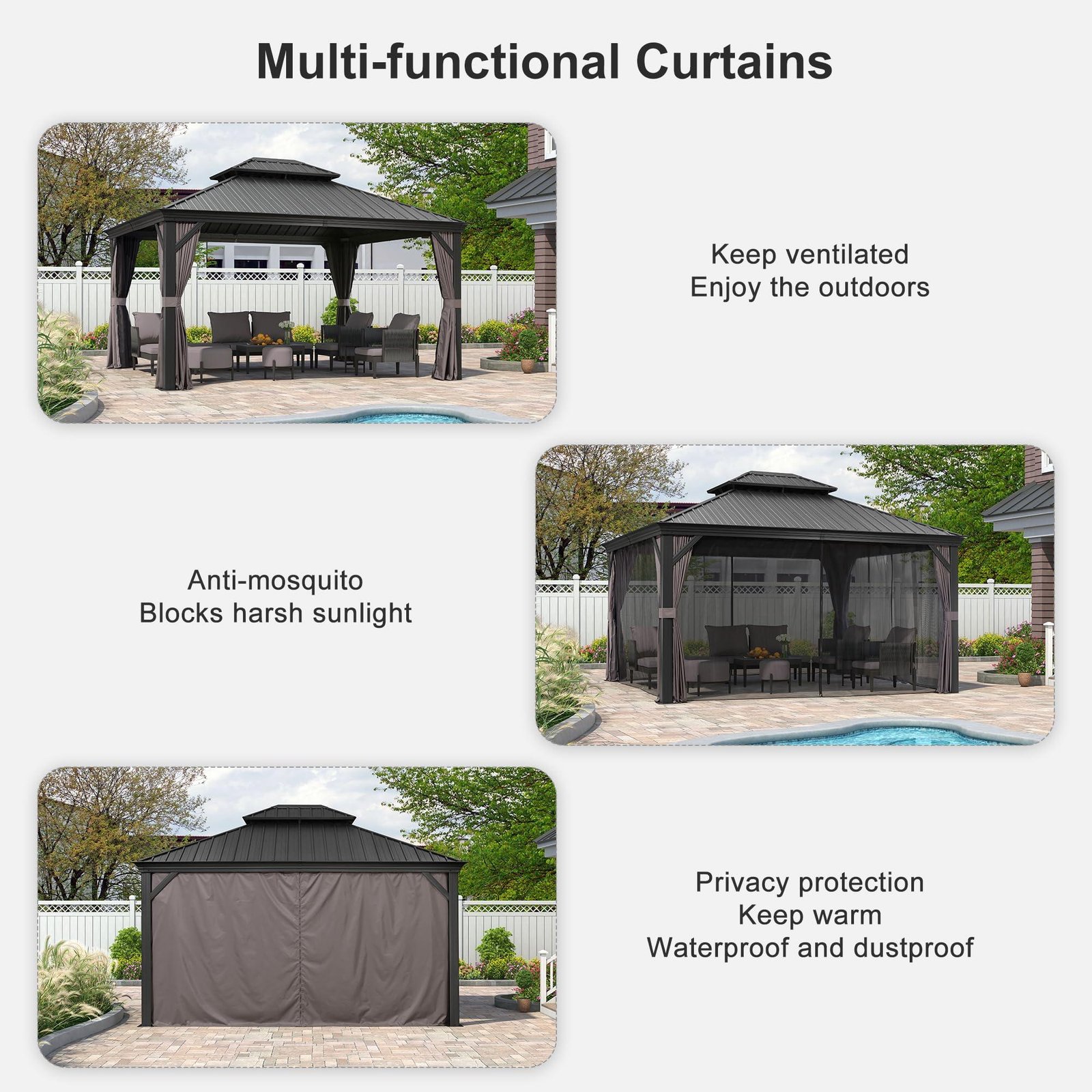 Gazebo for Backyard Grey Hardtop Galvanized Steel Roof Awning with String Lights-clear - Image 4