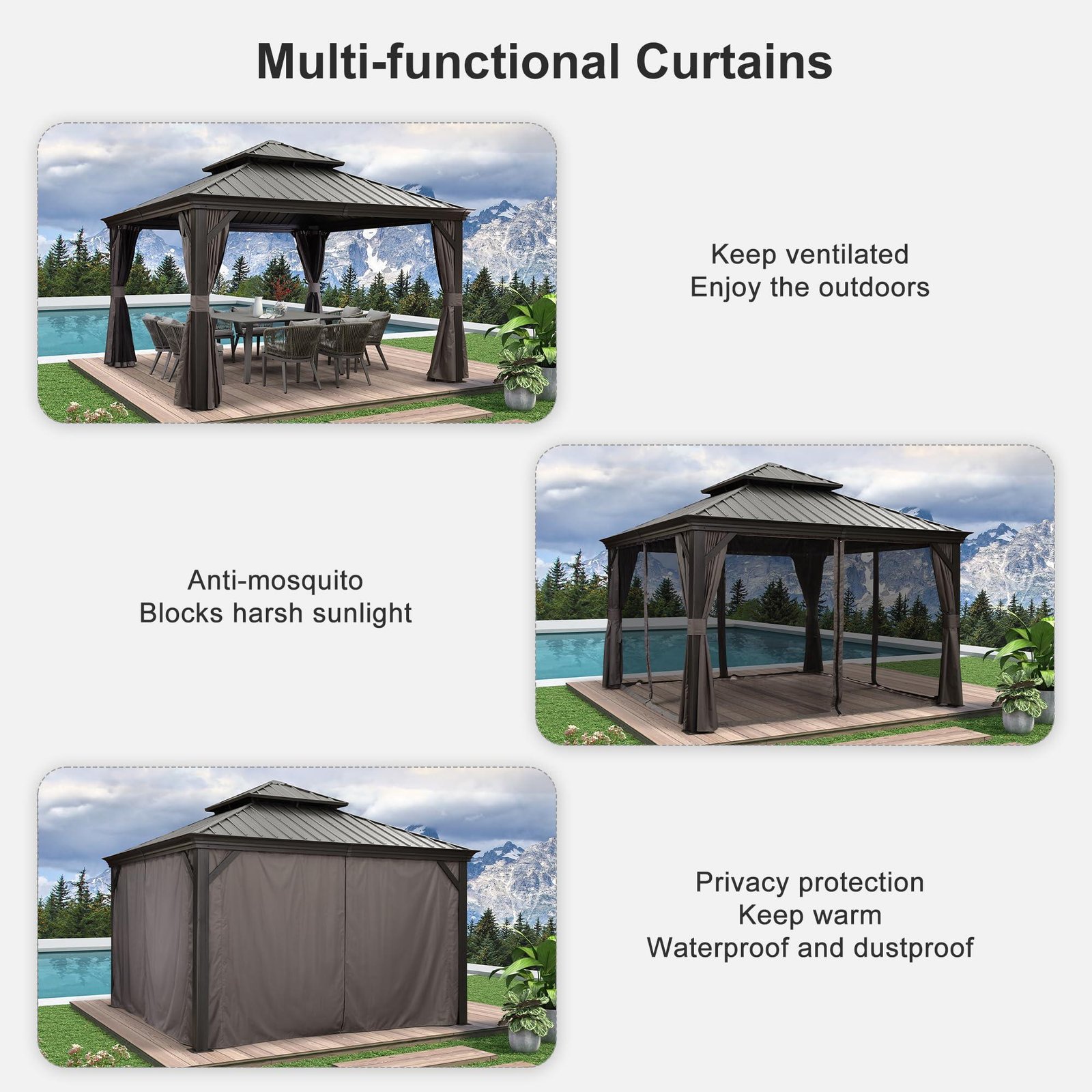 Gazebo for Backyard Grey Hardtop Galvanized Steel Roof Awning with String Lights-clear - Image 26