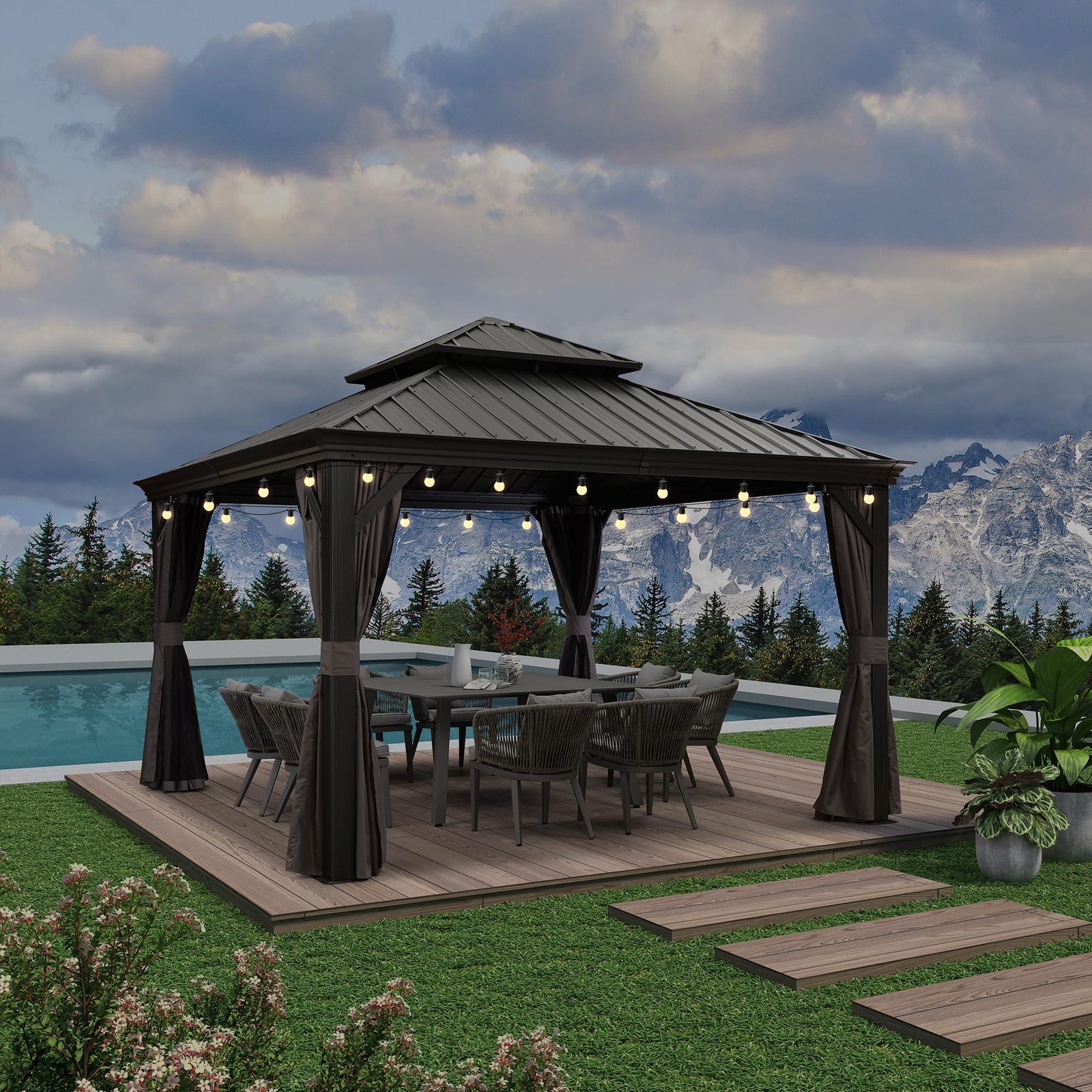 Gazebo for Backyard Grey Hardtop Galvanized Steel Roof Awning with String Lights-clear - Image 27