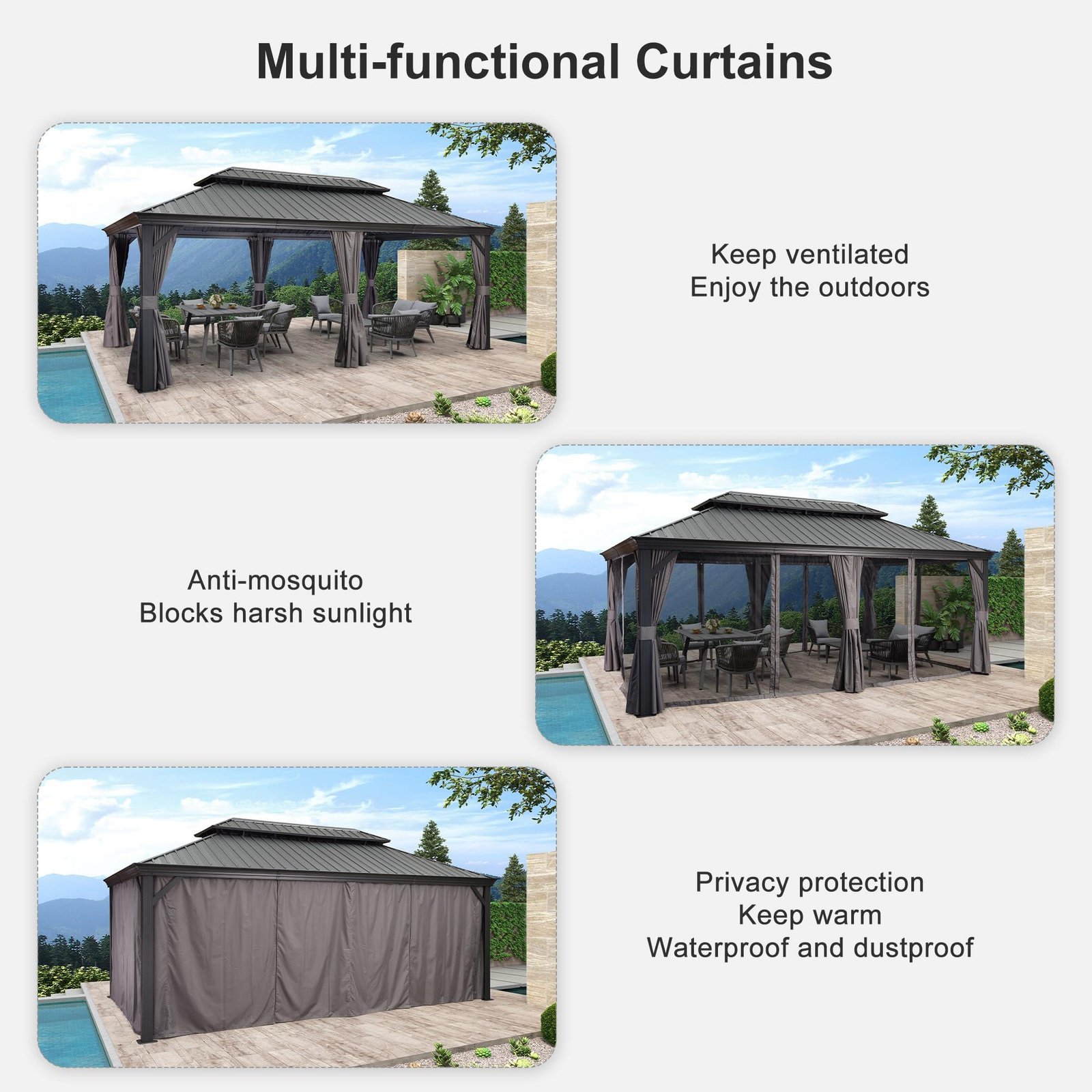 Gazebo for Backyard Grey Hardtop Galvanized Steel Roof Awning with String Lights-clear - Image 30