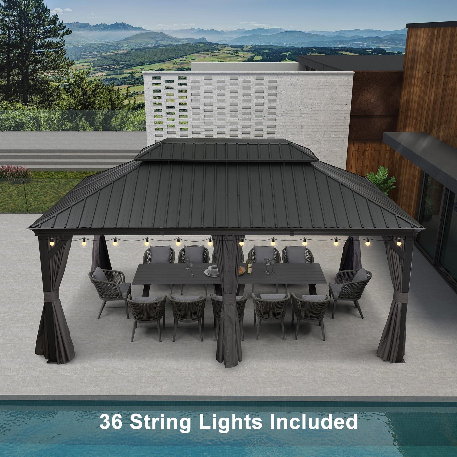Gazebo for Backyard Grey Hardtop Galvanized Steel Roof Awning with String Lights-clear - Image 31