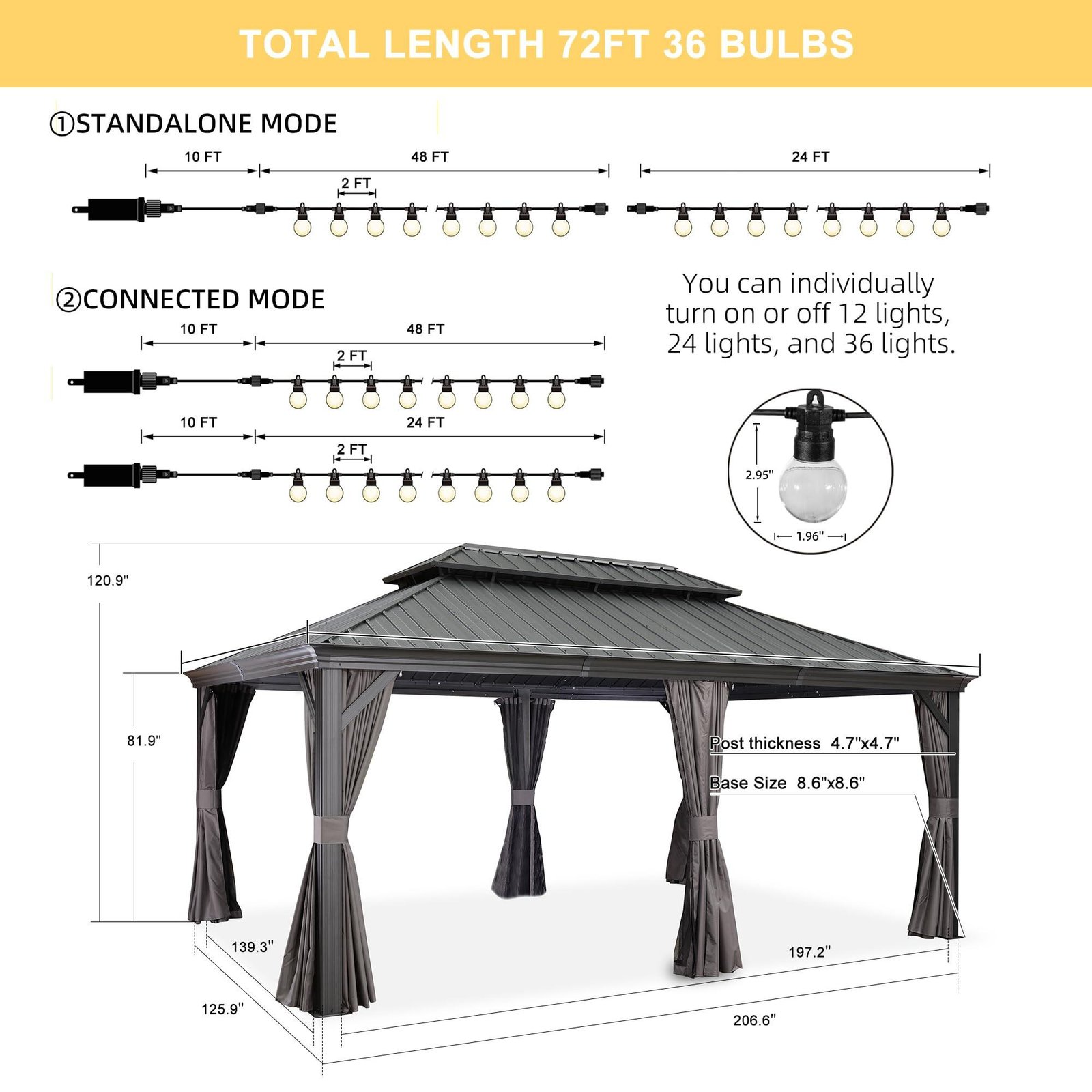 Gazebo for Backyard Grey Hardtop Galvanized Steel Roof Awning with String Lights-clear - Image 33