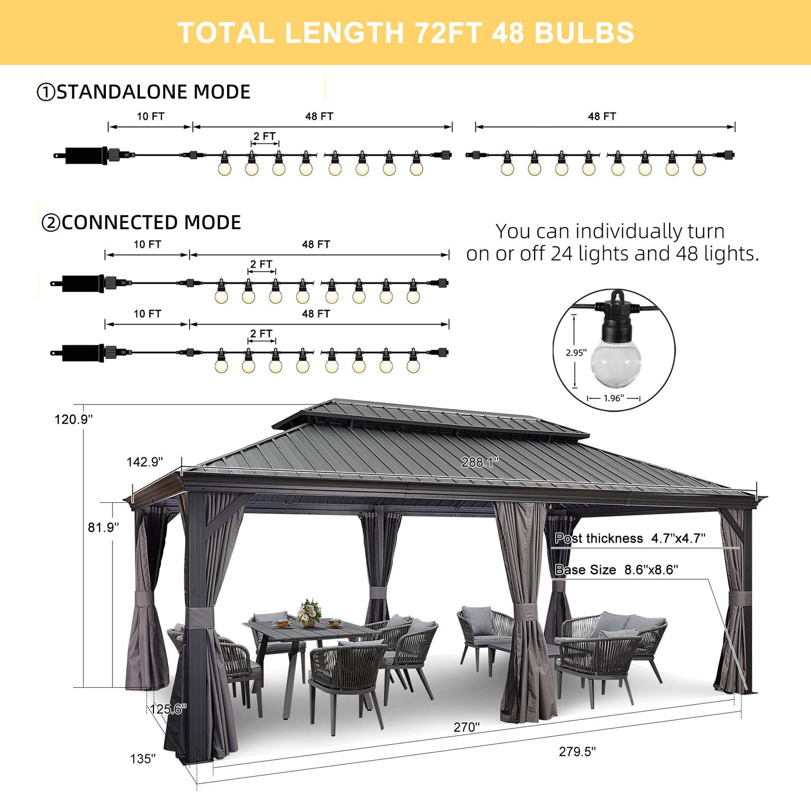 Gazebo for Backyard Grey Hardtop Galvanized Steel Roof Awning with String Lights-clear - Image 36