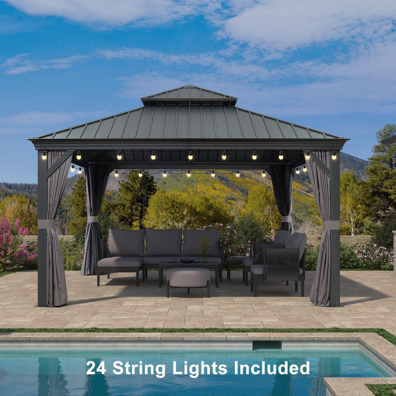 Gazebo for Backyard Grey Hardtop Galvanized Steel Roof Awning with String Lights-clear - Image 39