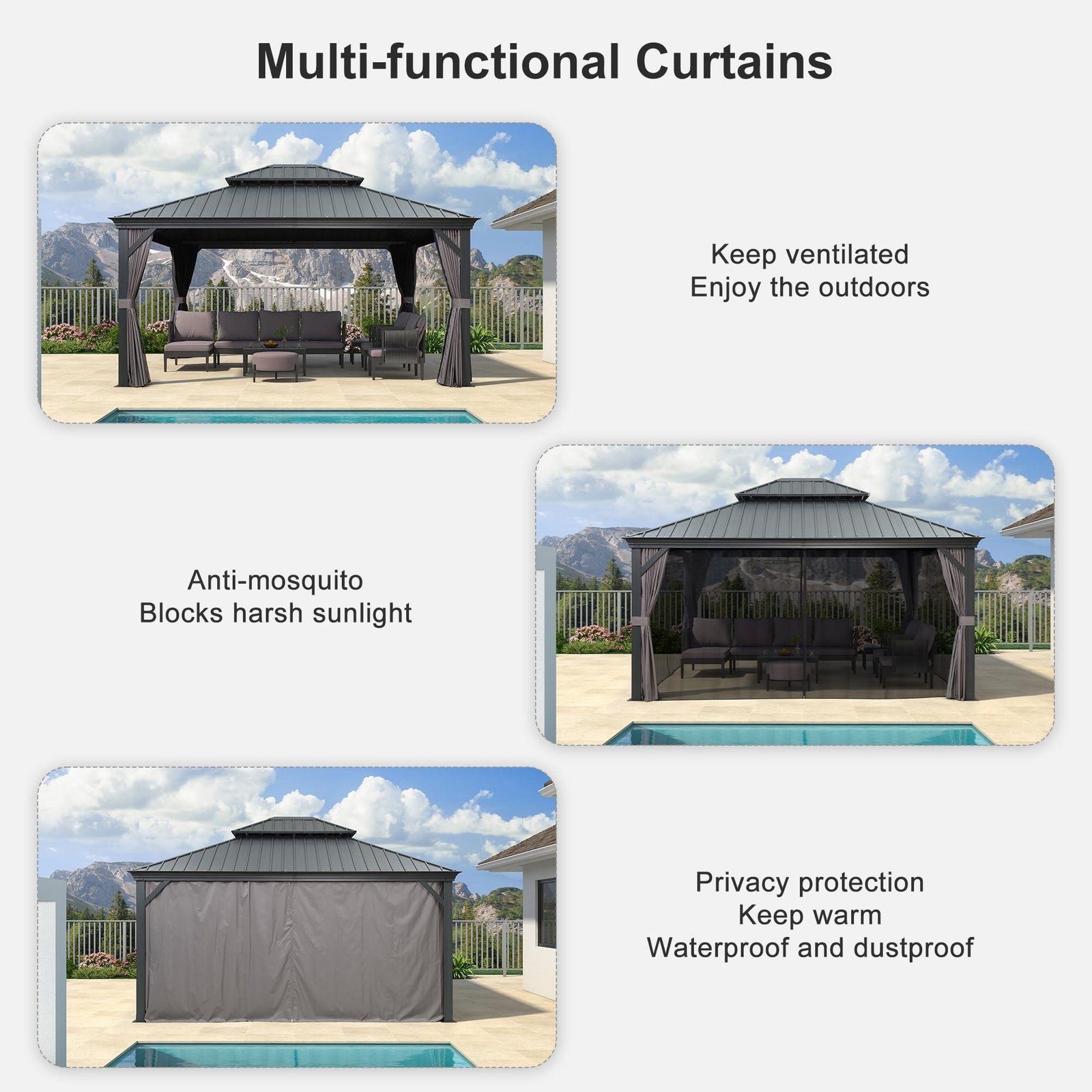 Gazebo for Backyard Grey Hardtop Galvanized Steel Roof Awning with String Lights-clear - Image 43