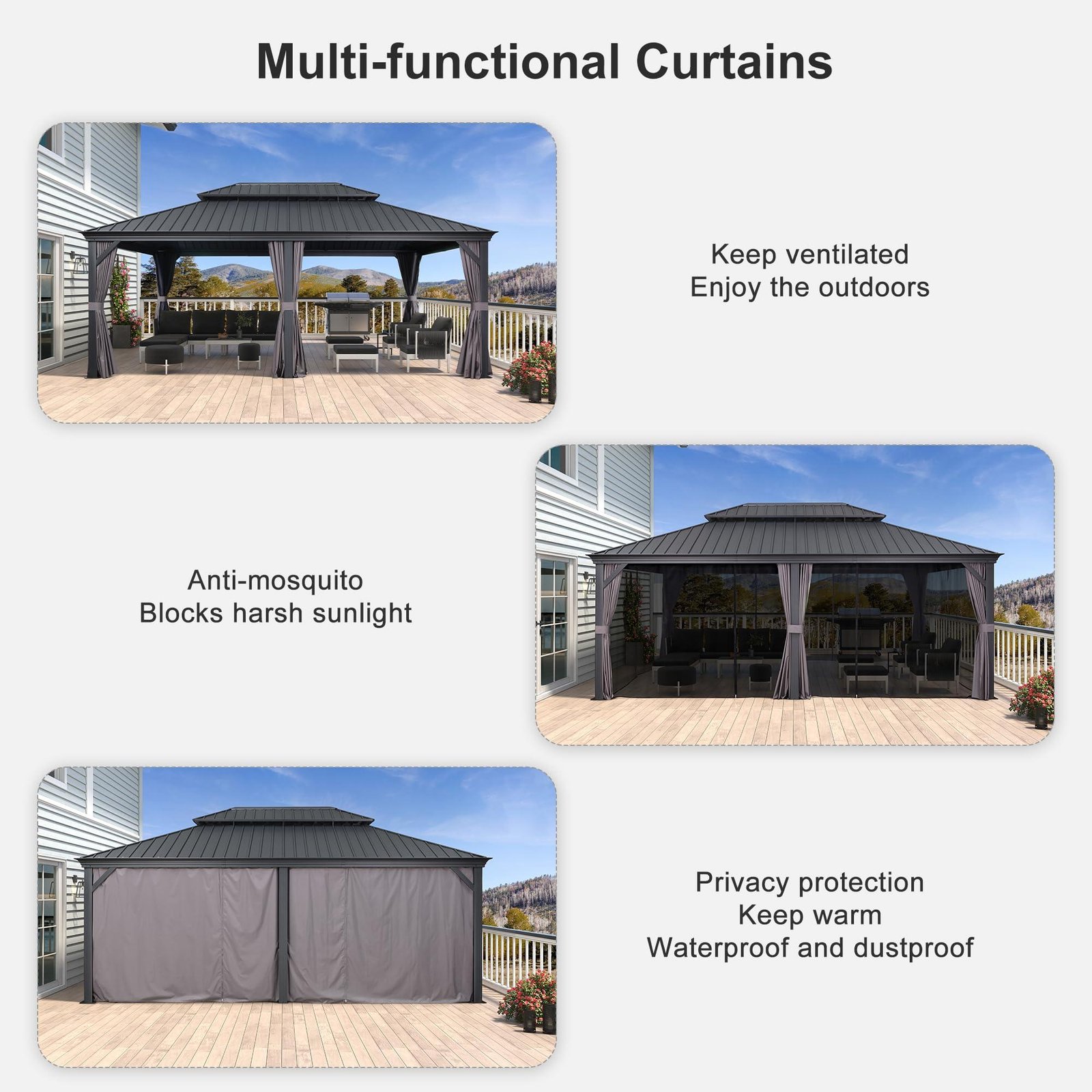 Gazebo for Backyard Grey Hardtop Galvanized Steel Roof Awning with String Lights-clear - Image 47