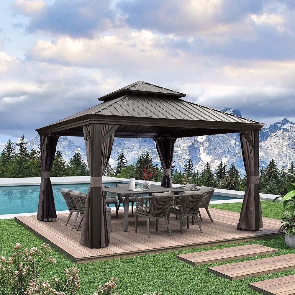 Patio Gazebo for Backyard Grey Hardtop Galvanized Steel Roof Awning with Upgrade Curtain - Image 13