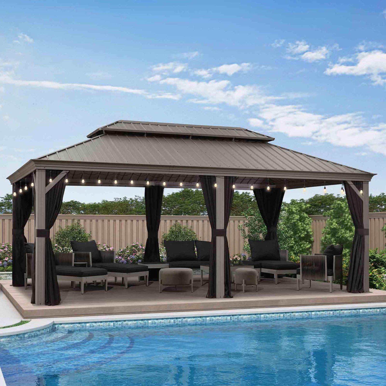Patio Gazebo for Pool Light Grey Hardtop Galvanized Steel Roof with String Lights-clear - Image 10