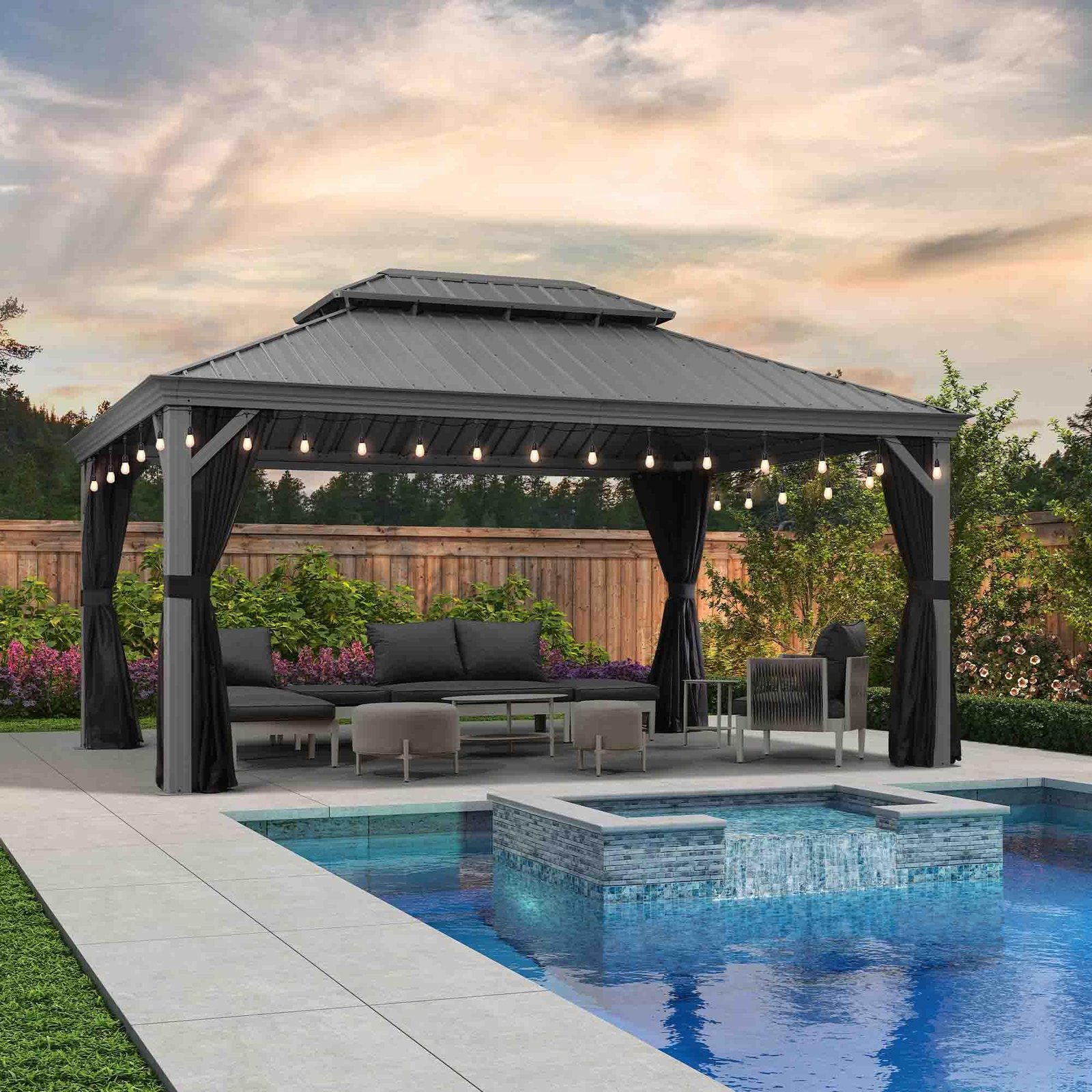 Patio Gazebo for Pool Light Grey Hardtop Galvanized Steel Roof with String Lights-clear - Image 14